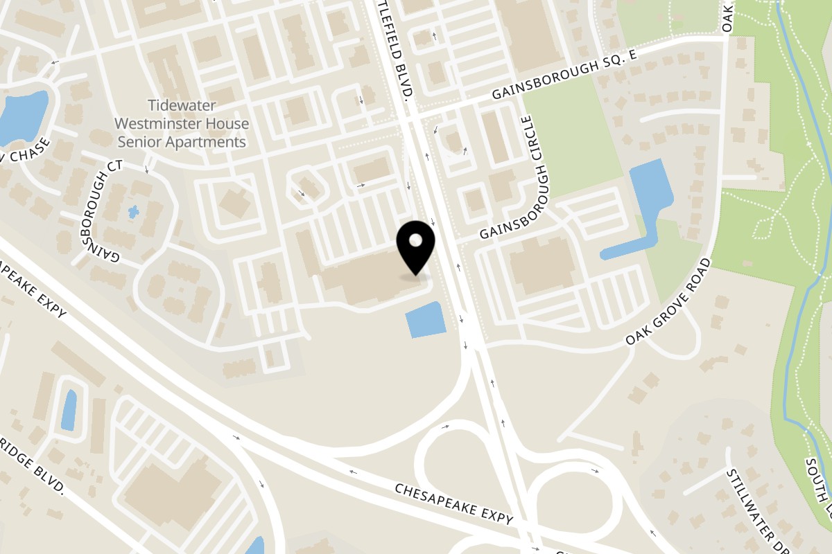 Map showing the location of Krave Juice Bar on 109 Gainsborough Square C in Chesapeake